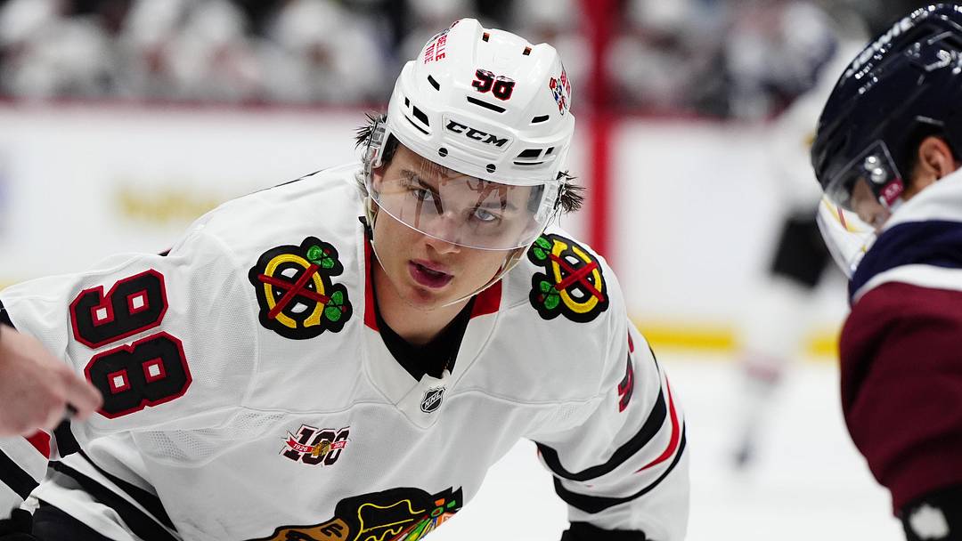 Feb 28, 2026; Denver, Colorado, USA; Chicago Blackhawks center Connor Bedard (98) during the third period against the Colorado Avalanche at Ball Arena. Mandatory Credit: Ron Chenoy-Imagn Images