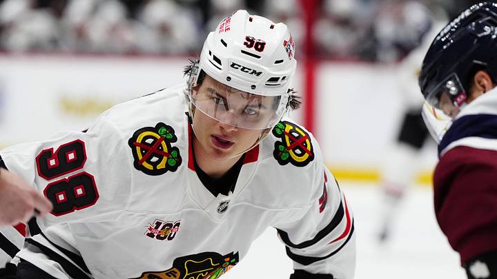 Feb 28, 2026; Denver, Colorado, USA; Chicago Blackhawks center Connor Bedard (98) during the third period against the Colorado Avalanche at Ball Arena. Mandatory Credit: Ron Chenoy-Imagn Images
