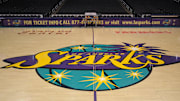 Aug 19, 2011; Los Angeles, CA, USA: General view of the Los Angeles Sparks logo at midcourt before the WNBA game against the Indiana Fever the Staples Center. Mandatory Credit: Kirby Lee/Image of Sport-Imagn Images