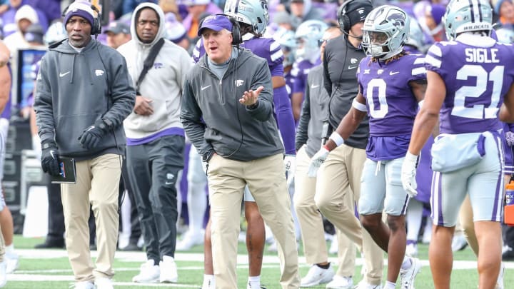 Oct 28, 2023; Manhattan, Kansas, USA; Kansas State Wildcats head coach Chris Klieman yells to his players during the second quarter against the Houston Cougars at Bill Snyder Family Football Stadium. Mandatory Credit: Scott Sewell-USA TODAY Sports