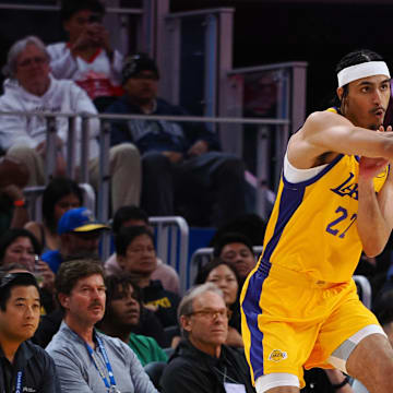 Jul 7, 2024; San Francisco, CA, USA; Los Angeles Lakers forward/guard Vincent Valerio-Bodon (27) passes the ball against the Golden State Warriors during the third quarter at Chase Center. Mandatory Credit: Kelley L Cox-Imagn Images