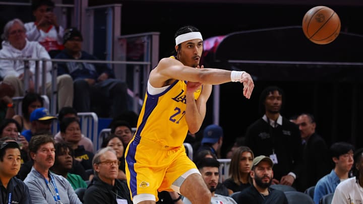 Jul 7, 2024; San Francisco, CA, USA; Los Angeles Lakers forward/guard Vincent Valerio-Bodon (27) passes the ball against the Golden State Warriors during the third quarter at Chase Center. Mandatory Credit: Kelley L Cox-Imagn Images