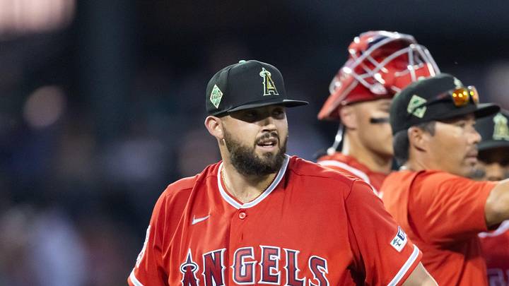 Mar 17, 2026; Mesa, Arizona, USA; Los Angeles Angels pitcher Alek Manoah reacts after being pulled against the Chicago Cubs during a spring training game at Sloan Park. Mandatory Credit: Mark J. Rebilas-Imagn Images