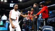 Mar 24, 2024; Memphis, TN, USA; Houston Cougars guard L.J. Cryer (4) reacts with a fan as he walks
