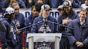 UConn student-athlete Paige Bueckers addresses the crowd during the Final Four champions victory parade.