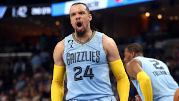 Mar 29, 2023; Memphis, Tennessee, USA; Memphis Grizzlies forward Dillon Brooks (24) reacts after a basket during the first half against the Los Angeles Clippers at FedExForum. Mandatory Credit: Petre Thomas-Imagn Images