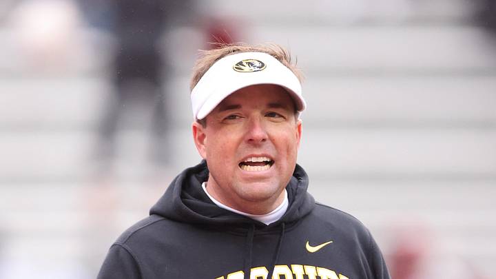 Nov 29, 2025; Fayetteville, Arkansas, USA; Missouri Tigers head coach Eli Drinkwitz prior to a game against the Arkansas Razorbacks at Donald W. Reynolds Razorback Stadium. Mandatory Credit: Nelson Chenault-Imagn Images