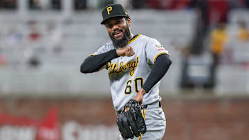 Sep 27, 2025; Cumberland, Georgia, USA; Pittsburgh Pirates pitcher Dennis Santana (60) smiles after the victory against the Atlanta Braves at Truist Park. Mandatory Credit: Jordan Godfree-Imagn Images