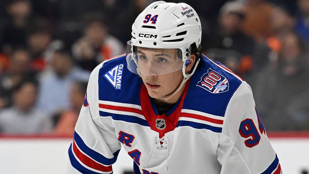 Mar 9, 2026; Philadelphia, Pennsylvania, USA; New York Rangers right wing Gabe Perreault (94) against the Philadelphia Flyers at Xfinity Mobile Arena.