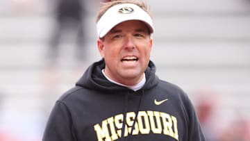 Nov 29, 2025; Fayetteville, Arkansas, USA; Missouri Tigers head coach Eli Drinkwitz prior to a game against the Arkansas Razorbacks at Donald W. Reynolds Razorback Stadium. Mandatory Credit: Nelson Chenault-Imagn Images