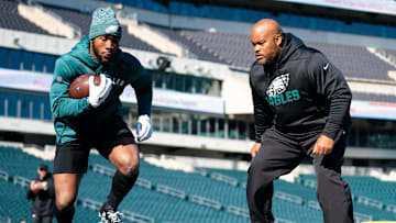 Nov 3, 2019; Philadelphia, PA, USA; Philadelphia Eagles running back Miles Sanders (L) warms up in