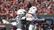 Nov 22, 2025; Blacksburg, Virginia, USA; Virginia Tech Hokies cornerback Thomas Williams (23) breaks a pass up that is intended for Miami (FL) Hurricanes tight end Alex Bauman (87) during the second quarter at Lane Stadium. Mandatory Credit: Brian Bishop-Imagn Images