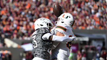 Nov 22, 2025; Blacksburg, Virginia, USA; Virginia Tech Hokies cornerback Thomas Williams (23) breaks a pass up that is intended for Miami (FL) Hurricanes tight end Alex Bauman (87) during the second quarter at Lane Stadium. Mandatory Credit: Brian Bishop-Imagn Images