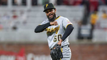Sep 27, 2025; Cumberland, Georgia, USA; Pittsburgh Pirates pitcher Dennis Santana (60) smiles after the victory against the Atlanta Braves at Truist Park. Mandatory Credit: Jordan Godfree-Imagn Images