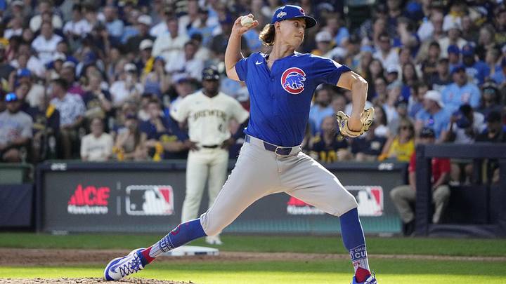 Oct 4, 2025; Milwaukee, Wisconsin, USA; Chicago Cubs pitcher Ben Brown (32) pitches against the Milwaukee Brewers during the seventh inning of game one of the NLDS round for the 2025 MLB playoffs at American Family Field. Mandatory Credit: Michael McLoone-Imagn Images