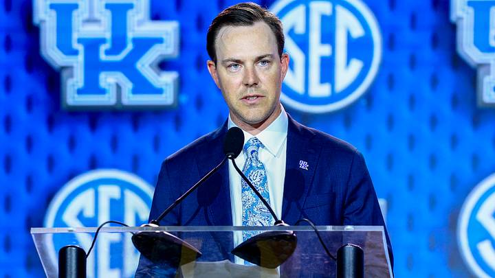 Jul 20, 2026; Tampa, FL, USA; Kentucky Wildcats head coach Will Stein speaks to the press during SEC Football Kickoff Media Day at the Tampa Marriott. Mandatory Credit: Nathan Ray Seebeck-Imagn Images