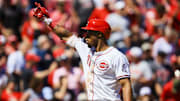May 18, 2025; Cincinnati, Ohio, USA; Cincinnati Reds outfielder Will Benson (30) reacts after hitting a solo home run in the sixth inning against the Cleveland Guardians at Great American Ball Park. Mandatory Credit: Katie Stratman-Imagn Images