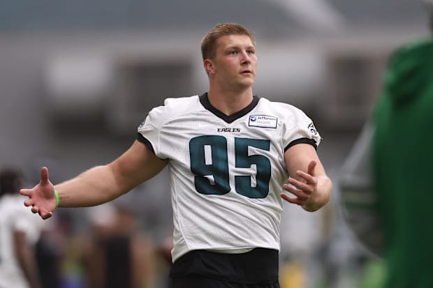 Philadelphia Eagles defensive tackle Ty Robinson (95) warms up during OTAs at NovaCare Complex.