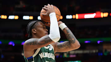 Milwaukee Bucks forward Tyler Smith shoots the basketball against the Miami Heat during the third quarter at Kaseya Center on October 6.