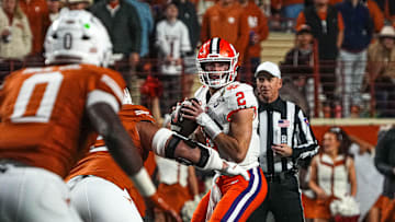 Clemson quarterback Cade Klubnik (2) throws a pass during the game against the Texas Longhorns in the first round of the College Football Playoffs at Darrell K Royal-Texas Memorial Stadium on Saturday, Dec. 21, 2024.