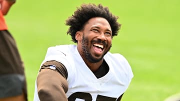 Aug 19, 2021; Berea, OH, USA; Cleveland Browns defensive end Myles Garrett (95) smiles during a joint practice with the New York Giants at CrossCountry Mortgage Campus.  