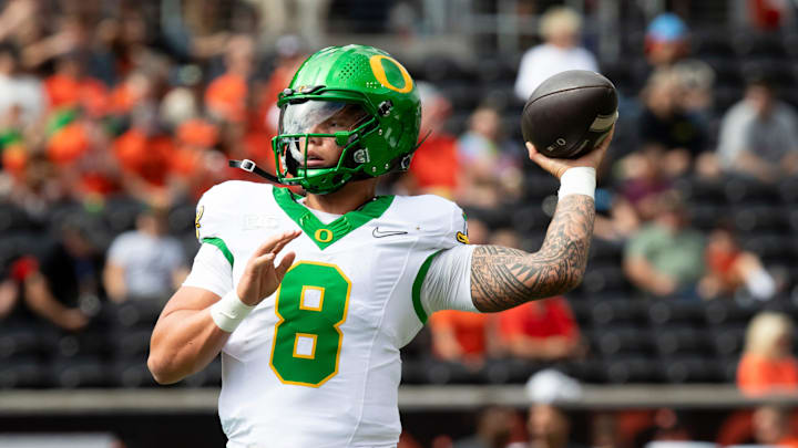 Oregon quarterback Dillon Gabriel throws out a pass during warm ups as the Oregon State Beavers host the Oregon Ducks Saturday, Sept. 14, 2024 at Reser Stadium in Corvallis, Ore.