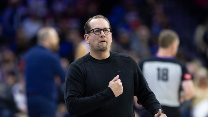 Mar 6, 2024; Philadelphia, Pennsylvania, USA; Philadelphia 76ers head coach Nick Nurse reacts to a play during the second quarter against the Memphis Grizzlies at Wells Fargo Center. Mandatory Credit: Bill Streicher-USA TODAY Sports