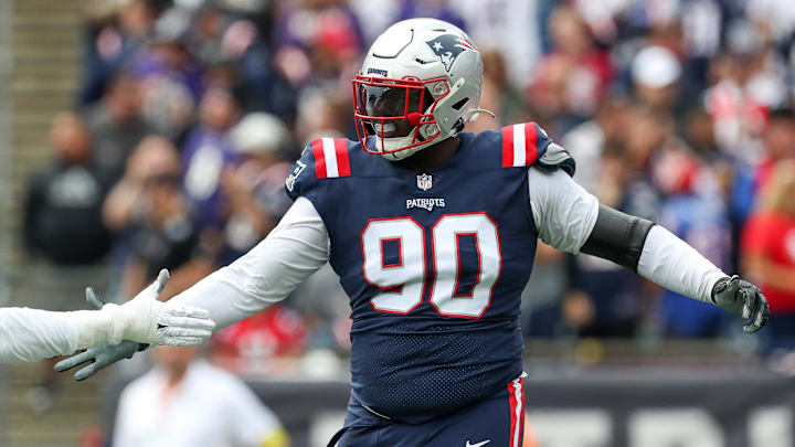 Sep 25, 2022; Foxborough, Massachusetts, USA; New England Patriots defensive tackle Christian Barmore (90) reacts during the first half against the Baltimore Ravens at Gillette Stadium. Mandatory Credit: Paul Rutherford-Imagn Images