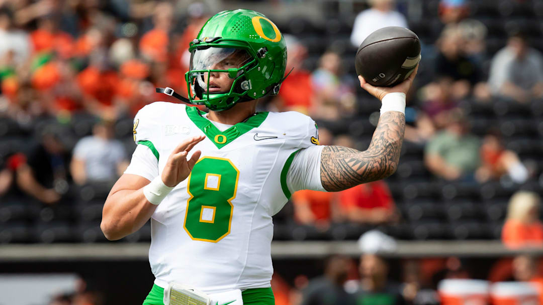 Oregon quarterback Dillon Gabriel throws out a pass during warm ups as the Oregon State Beavers host the Oregon Ducks Saturday, Sept. 14, 2024 at Reser Stadium in Corvallis, Ore.