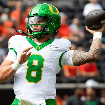 Oregon quarterback Dillon Gabriel throws out a pass during warm ups as the Oregon State Beavers host the Oregon Ducks Saturday, Sept. 14, 2024 at Reser Stadium in Corvallis, Ore.