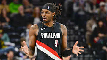 Oct 16, 2025; Salt Lake City, Utah, USA; Portland Trail Blazers forward Jerami Grant (9) questions a call during the second half against the Utah Jazz at Delta Center. Mandatory Credit: Peter Creveling-Imagn Images