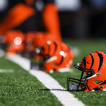 Dec 1, 2024; Cincinnati, Ohio, USA; A general view of a Cincinnati Bengals helmet during warmups before the game against the Pittsburgh Steelers at Paycor Stadium. Mandatory Credit: Katie Stratman-Imagn Images