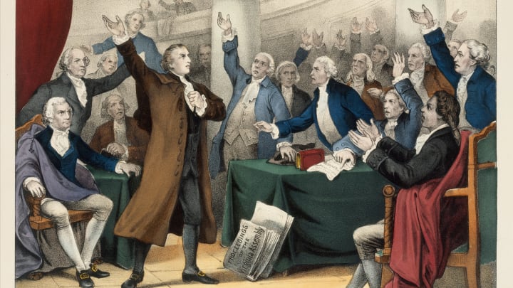 Patrick Henry delivers his famous "give me liberty" speech.