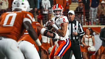 Clemson quarterback Cade Klubnik (2) throws a pass during the game against the Texas Longhorns in the first round of the College Football Playoffs at Darrell K Royal-Texas Memorial Stadium on Saturday, Dec. 21, 2024.