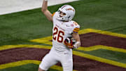 Dec 7, 2024; Arlington, TX, USA; Iowa State Cyclones running back Carson Hansen (26) celebrates after he scores a touchdown against the Arizona State Sun Devils during the first half at AT&T Stadium. Mandatory Credit: Jerome Miron-Imagn Images