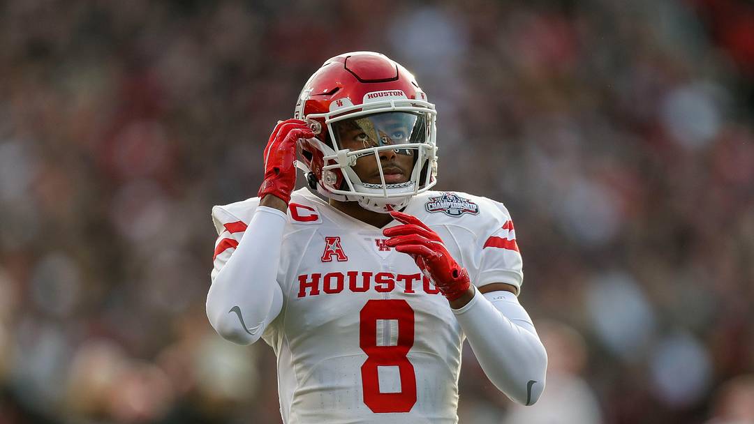 Dec 4, 2021; Cincinnati, Ohio, USA; Houston Cougars cornerback Marcus Jones (8) prior to the game against the Cincinnati Bearcats during the American Athletic Conference championship at Nippert Stadium. Mandatory Credit: Katie Stratman-Imagn Images
