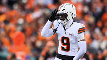 Dec 22, 2024; Cincinnati, Ohio, USA; Cleveland Browns safety Grant Delpit (9) reacts after a play in the second half against the Cincinnati Bengals at Paycor Stadium. Mandatory Credit: Katie Stratman-Imagn Images