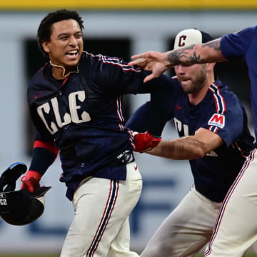 Jul 2, 2024; Cleveland, Ohio, USA; Cleveland Guardians pinch hitter Bo Naylor (23) celebrates with teammates after hitting a walk off sacrifice fly during the ninth inning against the Chicago White Sox at Progressive Field. Mandatory Credit: Ken Blaze-USA TODAY Sports
