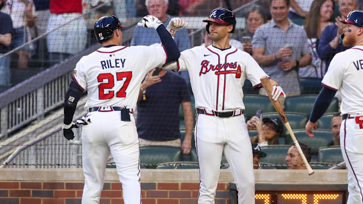 Atlanta, Georgia, USA; Atlanta Braves third baseman Austin Riley (27) celebrates with first baseman Matt Olson (28) after a two-run home run against the St. Louis Cardinals in the third inning at Truist Park. Atlanta, Georgia, USA; Atlanta Braves third baseman Austin Riley (27) celebrates with first baseman Matt Olson (28) after a two-run home run against the St. Louis Cardinals in the third inning at Truist Park.