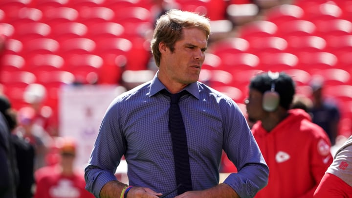 Sep 24, 2023; Kansas City, Missouri, USA; Sports broadcaster Greg Olsen on field against the Chicago Bears prior to a game at GEHA Field at Arrowhead Stadium.