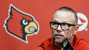 Louisville men's basketball coach Pat Kelsey talks to reporters during the Cardinals' media day for the 2025-26 basketball season on Wednesday Oct. 15, 2025 in Louisville, Kentucky.