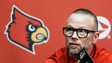 Louisville men's basketball coach Pat Kelsey talks to reporters during the Cardinals' media day for the 2025-26 basketball season on Wednesday Oct. 15, 2025 in Louisville, Kentucky.