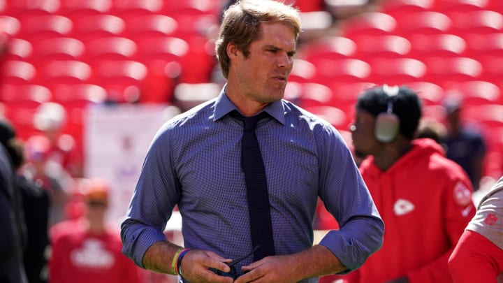 Sep 24, 2023; Kansas City, Missouri, USA; Sports broadcaster Greg Olsen on field against the Chicago Bears prior to a game at GEHA Field at Arrowhead Stadium. Mandatory Credit: Denny Medley-USA TODAY Sports