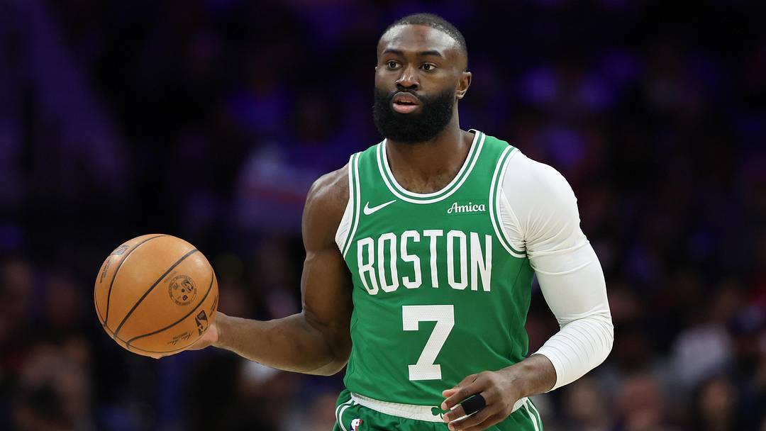 Boston Celtics guard Jaylen Brown (7) dribbles the ball against the Philadelphia 76ers during the first quarter at Xfinity Mobile Arena on April 30, 2026
