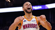 Dec 8, 2024; San Francisco, California, USA; Golden State Warriors guard Stephen Curry (30) shows frustration after being fouled during a game against the Minnesota Timberwolves in the third period at Chase Center. Mandatory Credit: David Gonzales-Imagn Images
