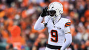 Dec 22, 2024; Cincinnati, Ohio, USA; Cleveland Browns safety Grant Delpit (9) reacts after a play in the second half against the Cincinnati Bengals at Paycor Stadium. Mandatory Credit: Katie Stratman-Imagn Images