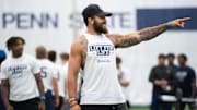 Penn State wide receiver Julian Fleming before a friendly game of tug of war during the 21st annual Lift for Life.