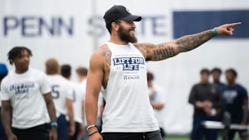 Penn State wide receiver Julian Fleming before a friendly game of tug of war during the 21st annual Lift for Life.