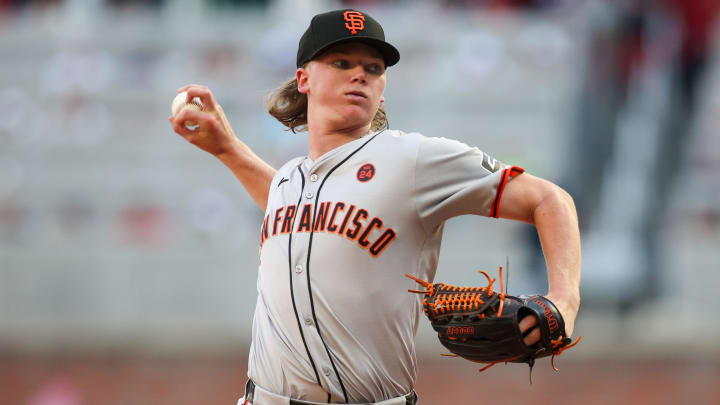 Jul 2, 2024; Atlanta, Georgia, USA; San Francisco Giants starting pitcher Hayden Birdsong (60) throws against the Atlanta Braves in the first inning at Truist Park