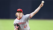 Sep 10, 2025; San Diego, California, USA; Cincinnati Reds starting pitcher Andrew Abbott (41) delivers during the first inning against the San Diego Padres at Petco Park. Mandatory Credit: Denis Poroy-Imagn Images